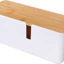 Changsuo Small Cable Management Box with Bamboo Lid for Extension Cord Power Stripe Surge Protector Wire Concealer Organizer Cover Hider (White)