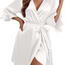 Ekouaer Women's Satin Robe Valentines Lingerie for Women Kimono Bathrobe Short Ruffle Belted Robes Bridesmaids Sleepwear (Medium, White)