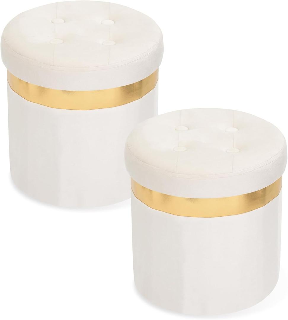 Small Ottoman with Storage,Folding Round Ottoman with Gold Trim,Velvet Storage Stool,Foot Stool with Soft Padded,Foot Rest for Living Room13x13x12.4(Beige,2pcs)