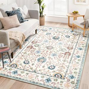 MUJOO 5x7 Area Rugs,Washable Rugs for Living Room Bedroom Bedside,Blue Boho Non Slip Carpet Indoor,Vintage Soft Teal and Pink Floral Rug