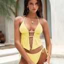 ZAFUL Halter Swimsuits for Women Textured Backless 2 Piece Bathing Suits Cheeky High Cut String Tie Side Bikini Sets (Yellow, L)