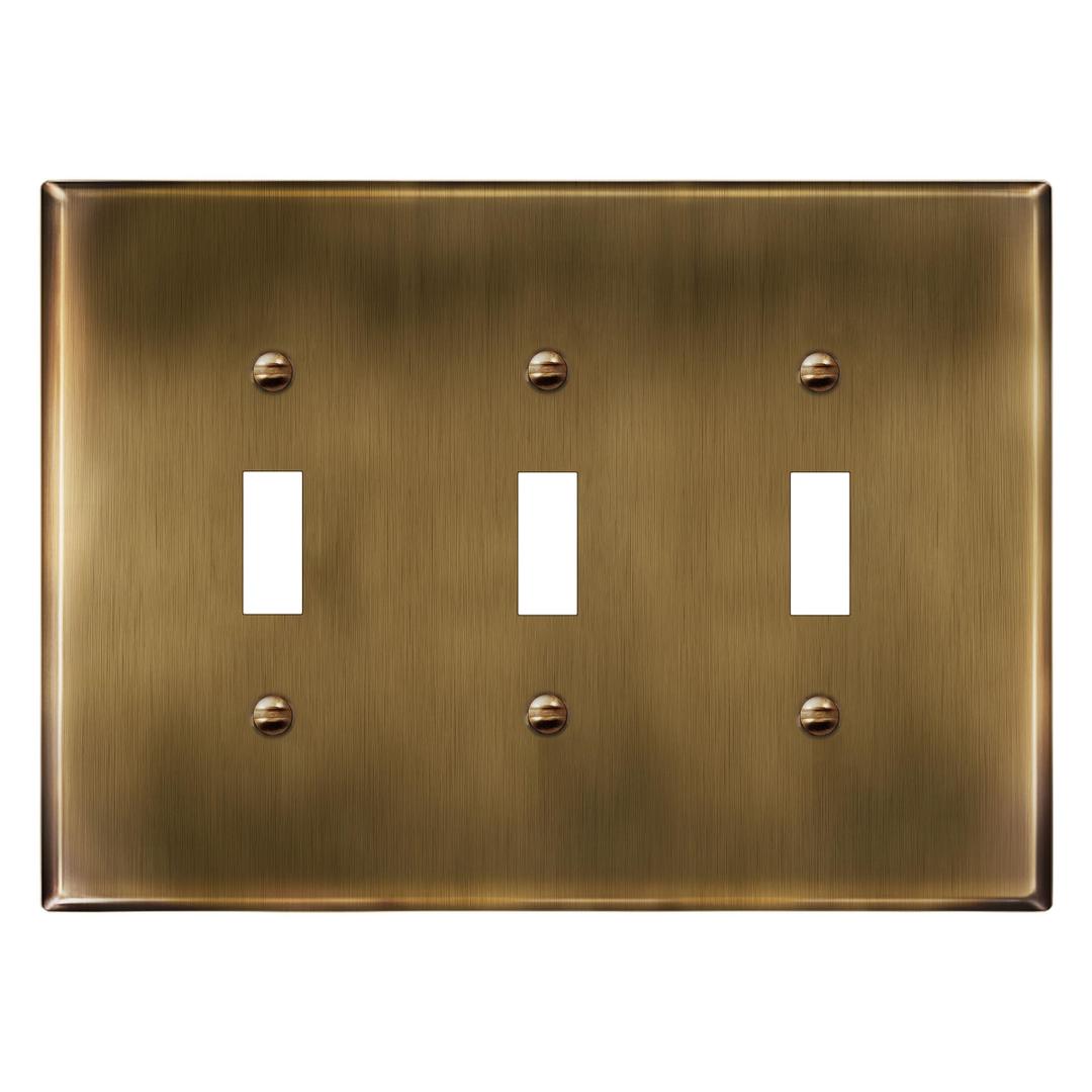 LIDER Toggle Light Switch Metal Wall Plate, Switch Cover, Corrosion Resistant, Mid-Size 3-Gang 4.88" x 6.77", LMWP-13M-AB, Steel, Plated Antique Brass, 1-Pack