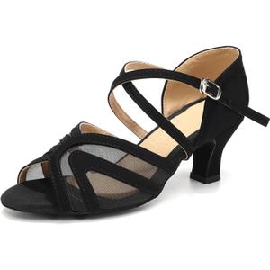 Women's Latin Ballroom Dance Shoes Mesh Open Toe Salsa Shoes 2 Inch Heel, Black, Size: 7.5