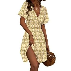 FENSACE Womens Sundress Summer Floral Short Sleeve Wrap V Neck A-Line Midi Dress(Yellow Floral-87,X-Large)