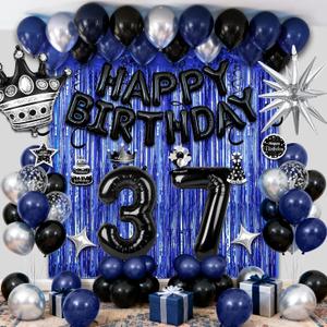 37th Birthday Decorations for Men, Black Blue Happy 37th Birthday Balloons with Foil Number 37, Happy Birthday Banner, Fringe Curtains, Foil Balloons Party Supplies
