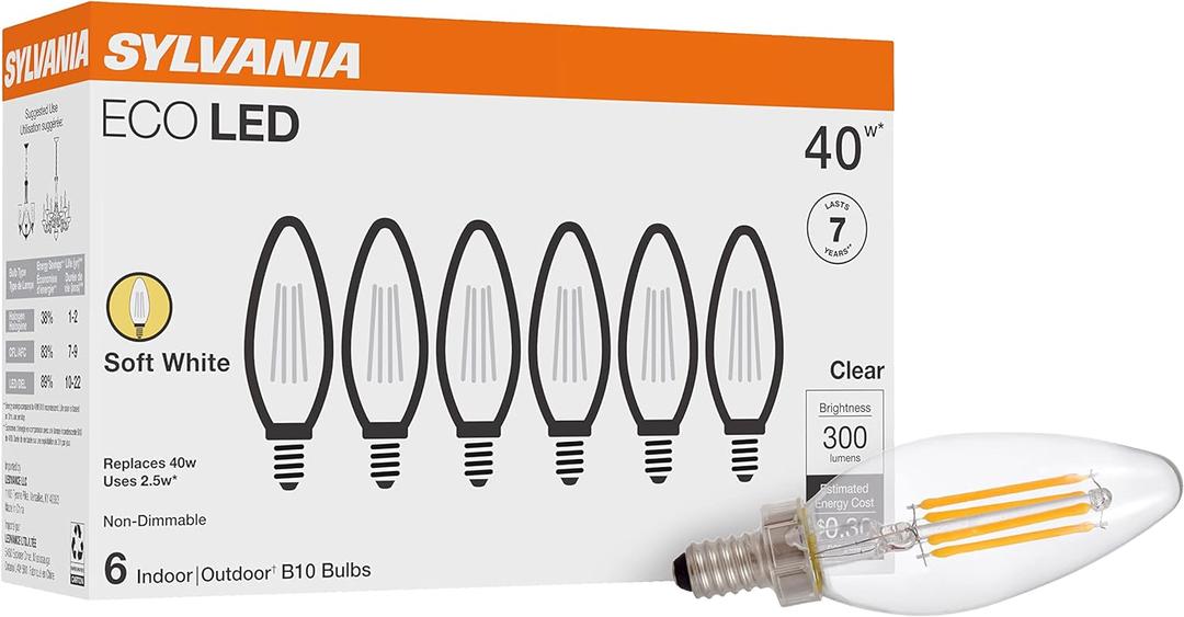 SYLVANIA ECO LED B10 Light Bulb, 40W=2.5W, 7 Year, 300 Lumens, Non-Dimmable, Clear, 2700K, Soft White - 6 Pack (40878)
