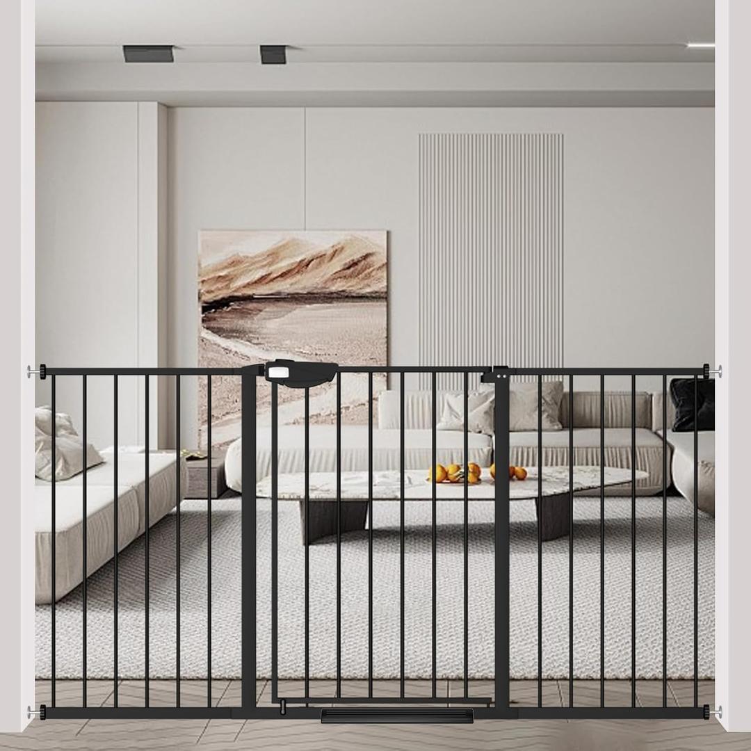 WAOWAO Triple Lock Baby Gate Extra Wide 57.87-62.59" Pressure Mounted Walk Through Swing Auto Close Safety Black Metal Dog Pet Puppy Cat for Stairs,Doorways,Kitchen