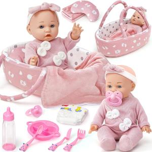 Golray 12" Soft Baby Doll Set with Accessories Bassinet Carrier, 13 Pcs First Toddlers Realistic Baby Doll Crib with Pillow/ Clothes/ Feeding Kit, Pretend Play Toy Birthday Gift for Girls Ages 3 4 5 6