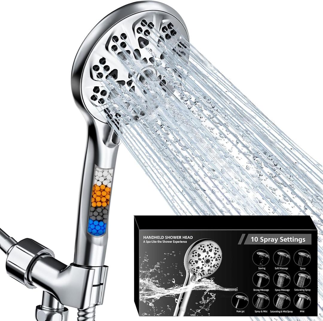 5"Filtered Shower Head with Handheld, High Pressure 10 Spray Settings, 59"Stainless Steel Shower Hose&360 Adjustable Bracket, Quadruple Filtration Design to Improve Water Quality & Bathing Healthier (Silver)