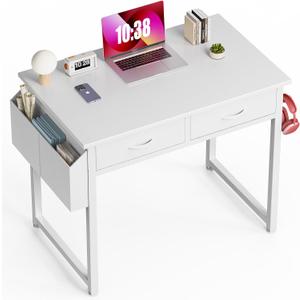 32" Computer Desk with Drawers and Storage Bag, White | Home Office Desk with Headphone Hook and Adjustable Feet for Writing Study and Gaming