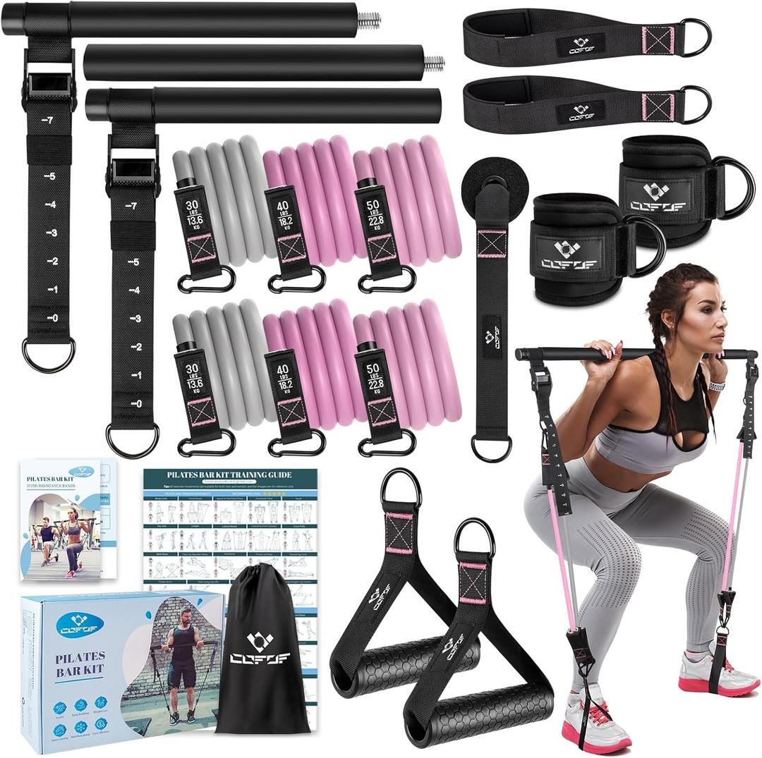 Pilates Bar Kit with Resistance Bands, Multifunctional Yoga Pilates Bar with Heavy-Duty Metal Adjustment Buckle, Portable Home Gym Pilates Resistance Bar Kit for Women Full Body Workouts (Pink Pro(30/40/50lbs))