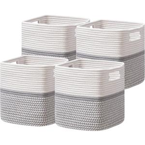 Dreamcountry 13x13 Cube Storage Bins, Storage Cubes with Handles, 4 Pack Cotton Rope Basket for Shelves, Cube Storage Organizer forToys, Book, Clothes, Home, Office, Nursery, Grey (Gray)