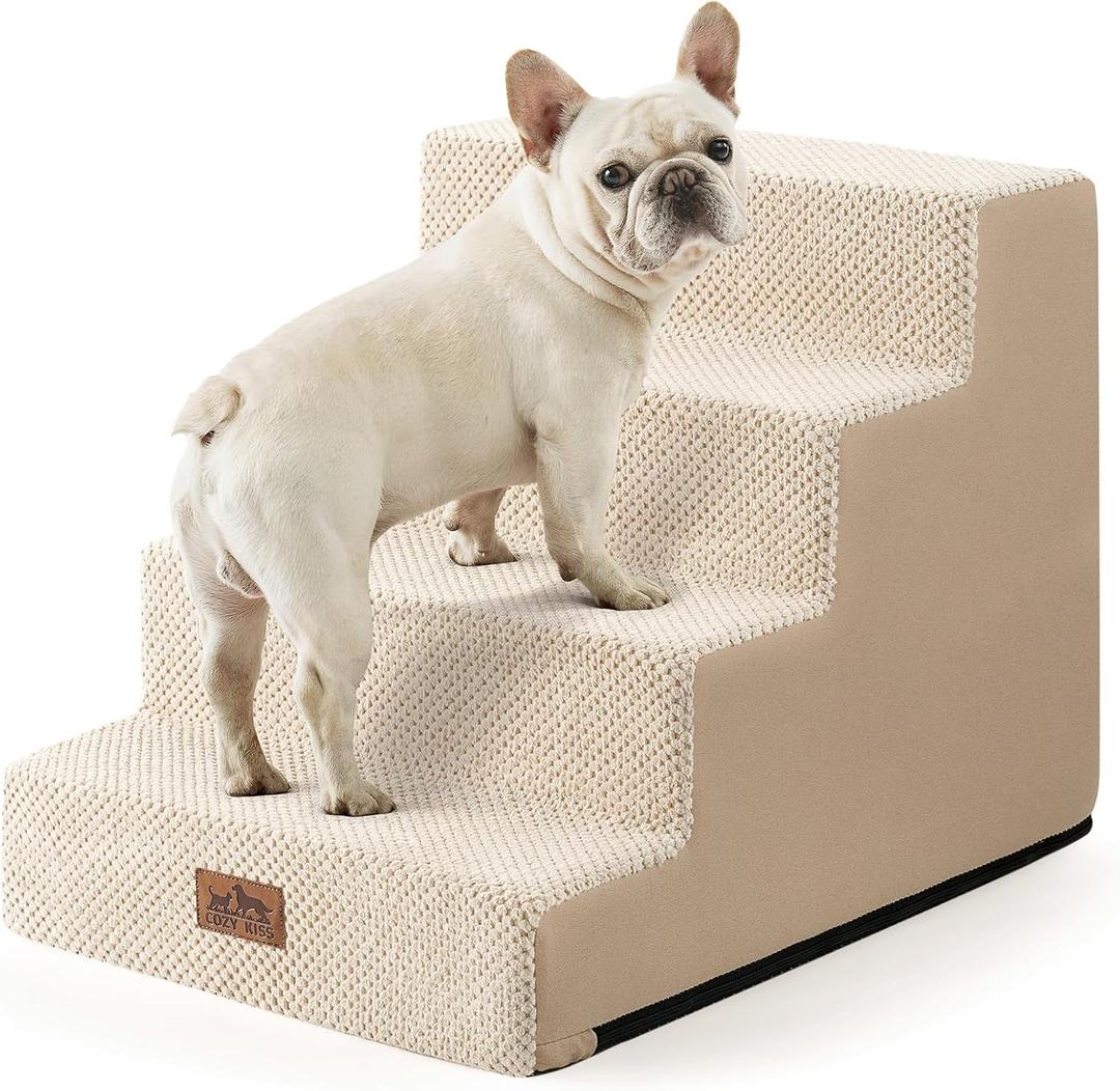 COZY KISS Dog Stairs for Small Dogs, 4 Tier Wider Pet Stairs for Couch and Beds, 17.7" H Non-Slip Dog Steps for Old Cats, Puppy, Small Medium Dogs, 17.7x23.6x17.7 inch, Beige