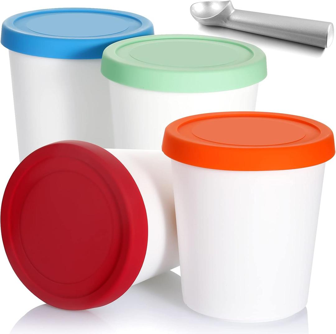 Nuenen 5 Pack Ice Cream Containers 1Qt Freezer Storage Tubs with Silicone Lids and Spoon for Homemade Ice Cream Reusable, Sorbet Dishwasher Safe(Blue, Red, Green, Orange)