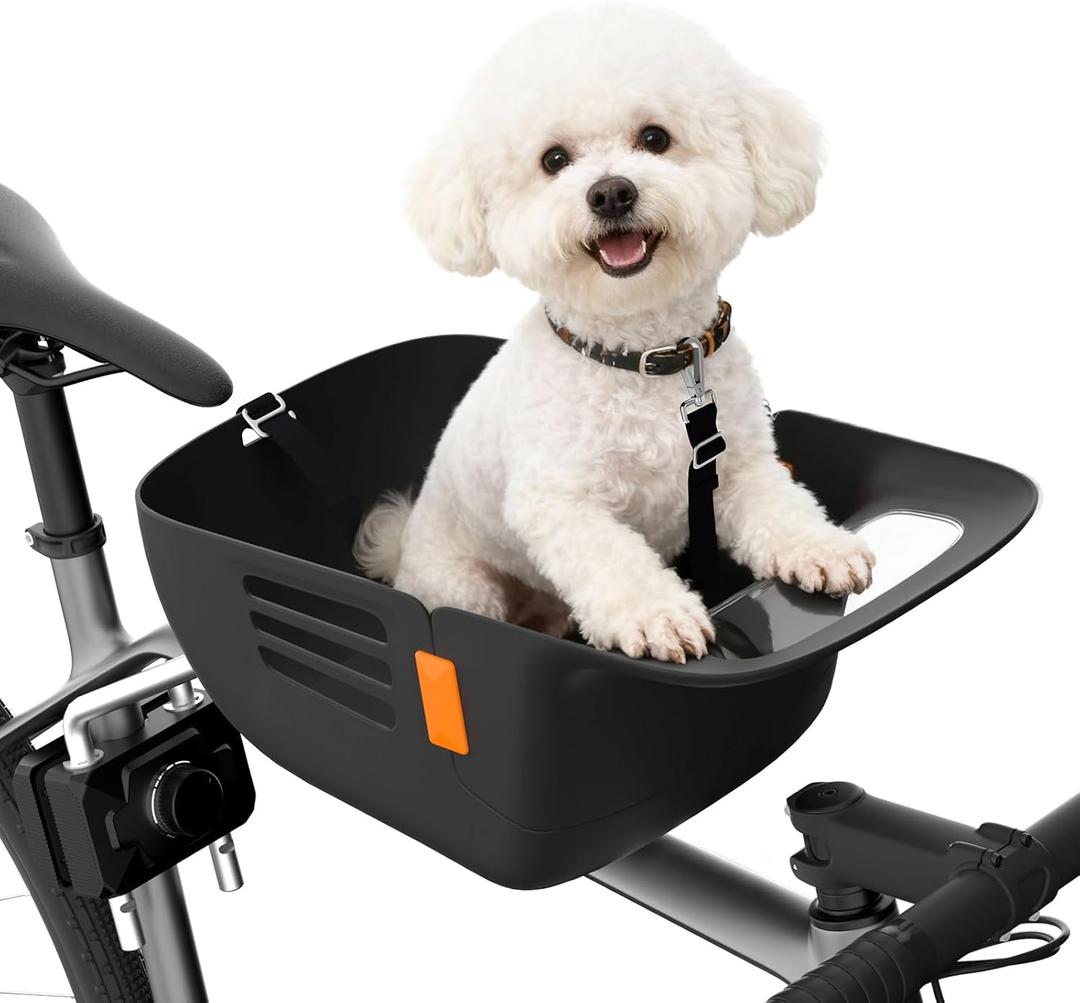 Dog Bike Basket for 26 lbs, Pet Bike Carrier with Integrated Sturdy Seat, Waterproof Scratch-Resistant Nylon Cushion, Adjustable Straps & Rustproof Metal Frame for Small/Medium Dogs, Black