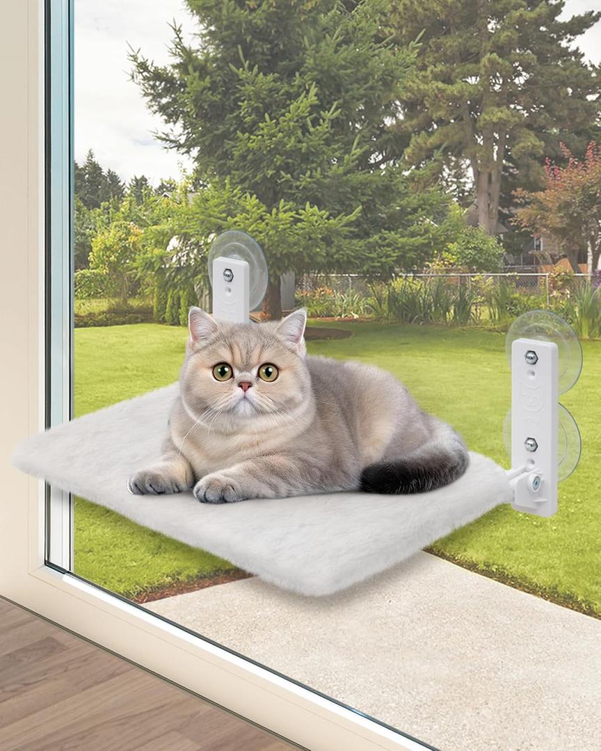 keny Foldable Cat Window Perch with 4 Larger Suction Cups, Cordless Window Bed with Reversible Cover for Cats Inside, White (Small)
