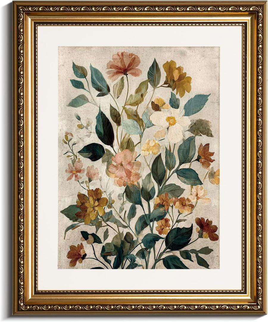InSimSea Gold Picture Framed Wall Art, Living Room Vintage Watercolor Flower Botanical Wall Decor, Floral Canvas Print Art, Home Farmhouse Decor, Antique Paintings with Frame 13x16inch