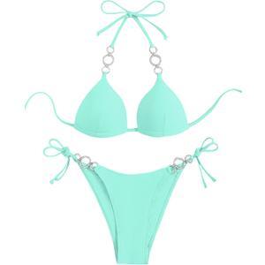 WDIRARA Women's Rhinestone Push Up Halter Bikini Set Swimsuit Two Piece Tie Side Bathing Suit (Large, Mint Green)