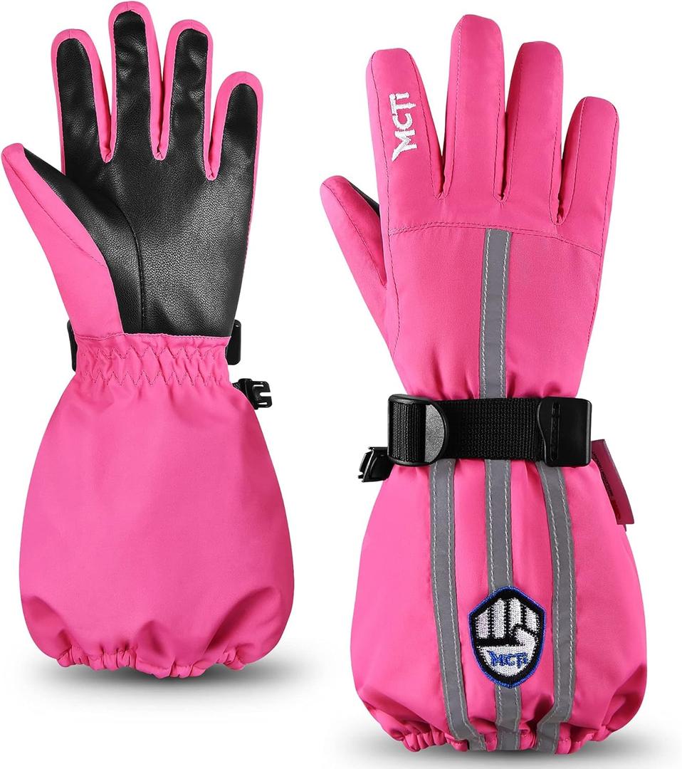 MCTi Kids Gloves Waterproof Winter Warm Snow Ski Gloves Long Cuff Fleece Lined with Reflective Strap (Small(Fits 9-12 years), Pink)