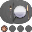 Myir JUN Round Table Placemats Set of 4 Faux Leather Place Mats and Coasters 15 inch Dual Sided Non-Slip Stain Resistant (Gray 01, Set of 4)