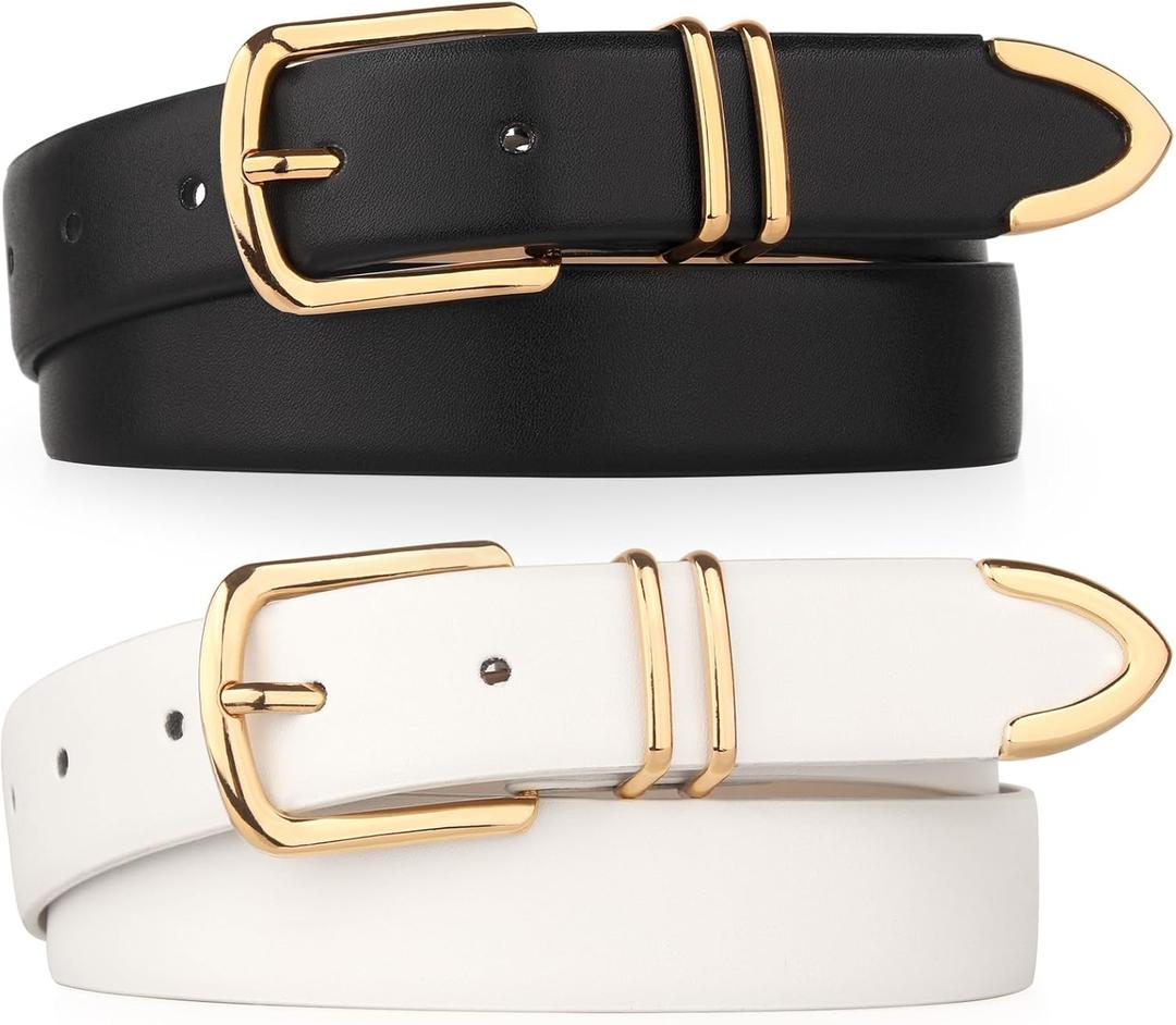 Monoluxe Pack 2 Women Belts for Ladies Jeans Pants with Fashion Faux Leather Gold Buckle (Black&white)