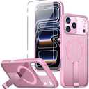 Nijiadi Magnetic for iPhone 17 Pro Stand Case with Screen Protector, [Magsafe Wireless Charging][Heat Dissipation] Military Grade Drop Protection Translucent Matte Back Bumper Cover Case, Pink