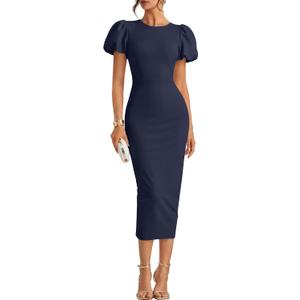 ZESICA Women's Summer Short Sleeve Bodycon Midi Dress 2026 Spring Elegant Formal Wedding Guest Cocktail Party Dresses (Blue, L)