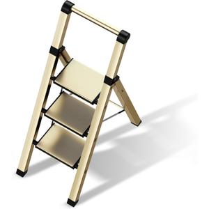 3 Step Ladder,Folding Step Stool with Aluminum Wide Pedal& Convenient Handgrip,330lbs Capacity Steel Ladder for Household and Office(Gold)