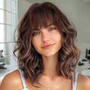Nnzes Short Brown Highlight Wigs with Bangs for Women Bob Synthetic Wigs with Natural Shoulder Length Wavy Heat Resistant Hair for Daily Party Use