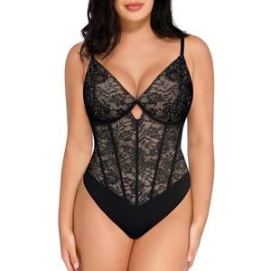 Popilush Lace Body Suits Women - Tummy Control V Neck Bodysuit with Side Zipper Going Out Corset Tops for Women Trendy 2025 L