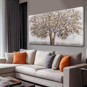 CHUDANHAO Grey Art Posters Big Tree Wall Decor Pictures for Office Gold and White Wall Art Botanical Painting for Living Room Kitchen 24x48 Inch (48L" x 24W")