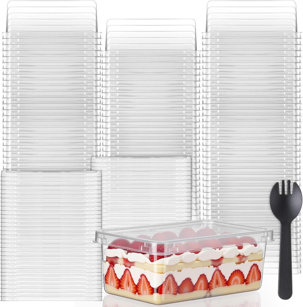 Tanlade 100 Pack 8oz Clear Dessert Cups with Lids and Sporks Rectangle Plastic Cups Disposable Parfait for Banana Pudding Appetizer Mousse Fruit Cupcakes Yogurt Oatmeal Serving