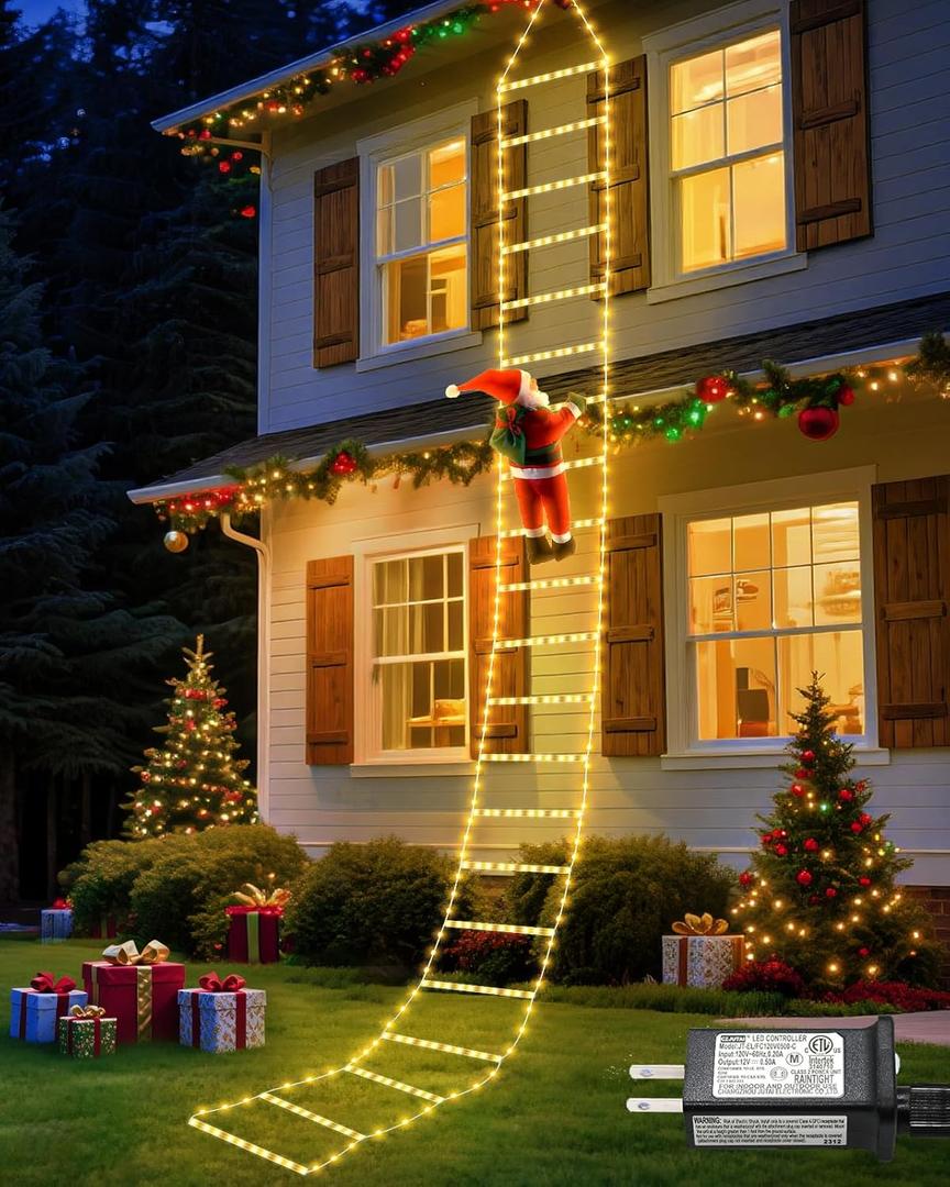 338 LED Christmas Lights Indoor Outdoor Decorations 10FT Christmas Decorative Ladder Lights with Santa Claus, 8 Modes Waterproof Xmas Tree Light for Garden Window Home Wall Decor, Warm White