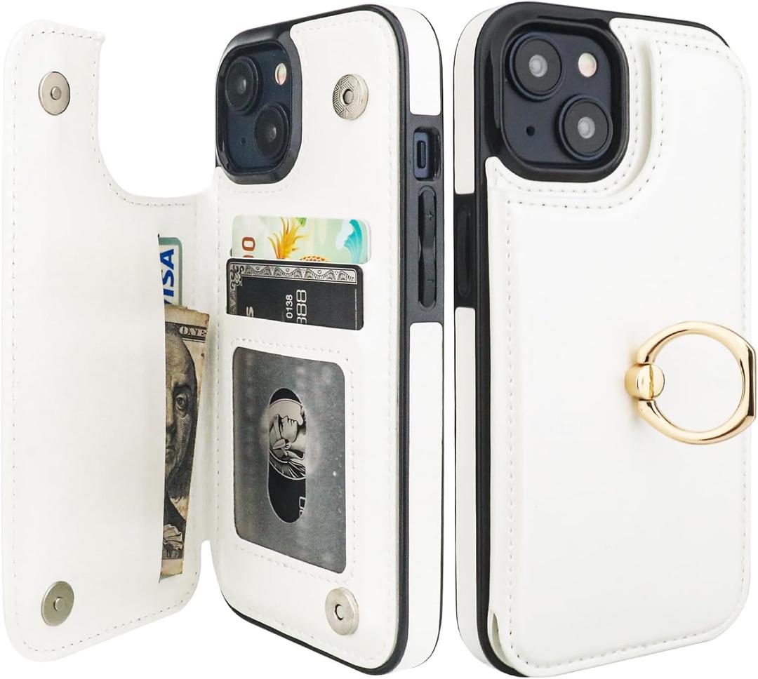 ONETOP for iPhone 15 Wallet Case with Card Holder, 360 Rotation Ring Kickstand RFID Blocking PU Leather Double Magnetic Clasp Shockproof Cover for Women and Girls 6.1 Inch (White)