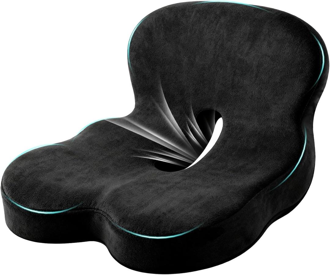 Ergonomic Memory Foam Reenly Seat Cushion & Non-Slip Base with Adjustable Straps,Seat Cushion for Truck Driver and Office Chair Cushion,Removable Washable Cover- Plush Velvet