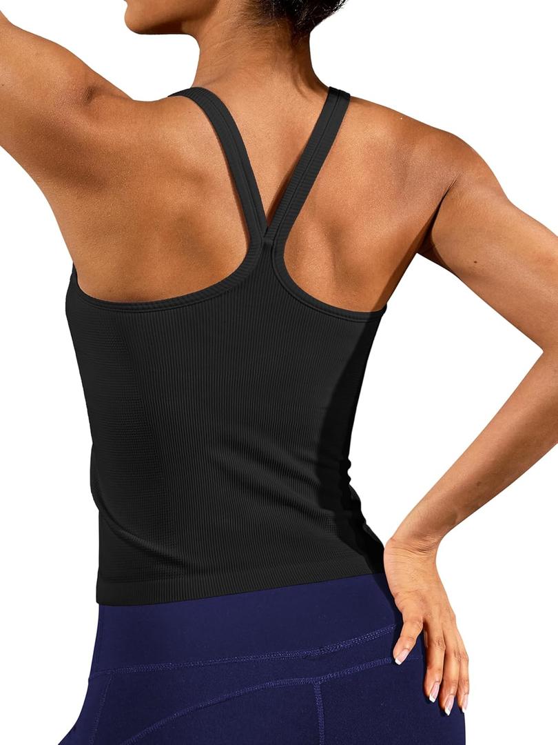 ATTRACO Women's Workout Tank Top Built in Bra Ribbed Athletic Tank Racerback Workout Top Scoop Neck (X-Large, Black)