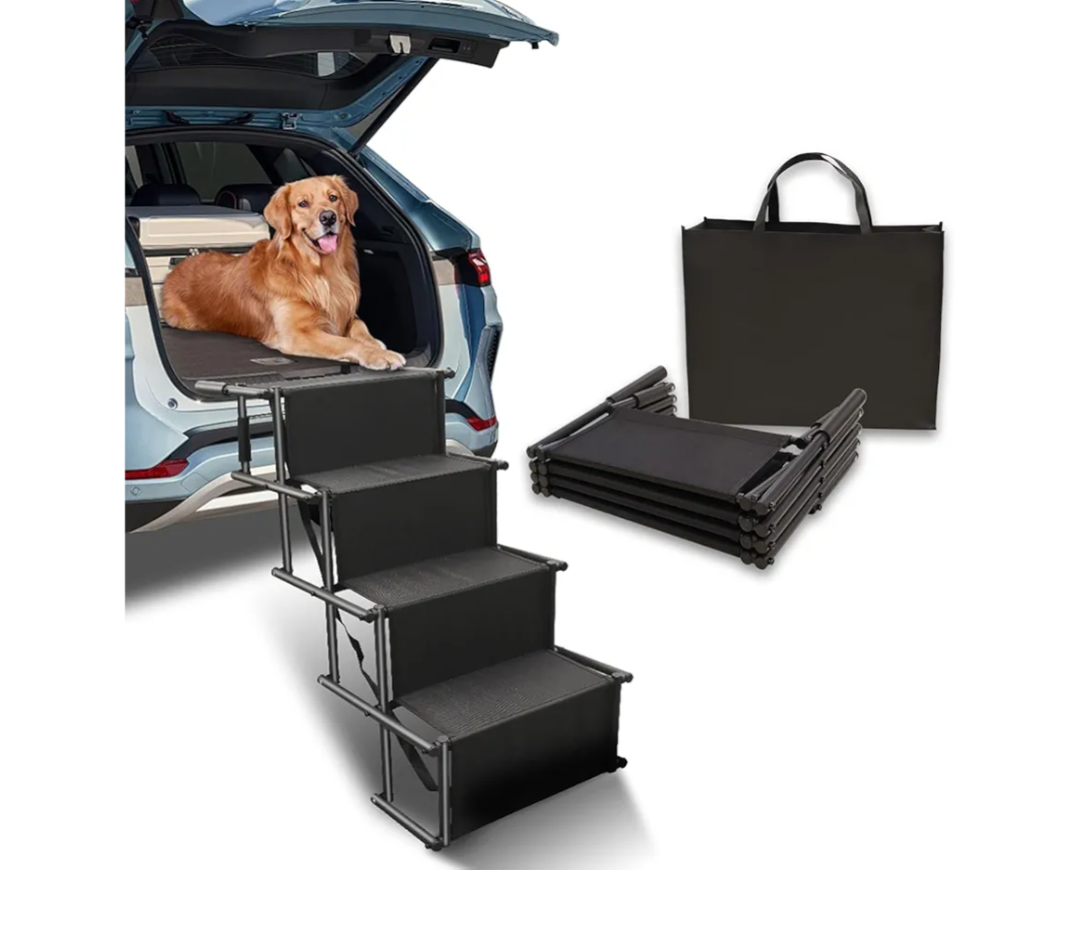 Dog Stairs for Large Dogs - Extra Wide Dog Steps for Car Big Size, SUV & Trucks - Glow in The Dark Marking - Foldable Dog ramp for Car - Non-Slip Surface - Dog ramps for Large Dogs - 4 Steps