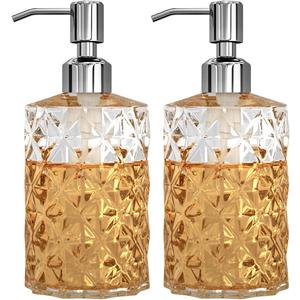 GLADPURE Soap Dispenser - 2 Pack, 12 Oz Clear Diamond Design Glass Refillable Hand Soap Dispensers; with 304 Rust Proof Stainless Steel Pump, Lotion Dispensers for Kitchen, Bathroom (Silver)