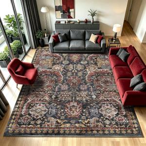 Washable Area Rugs - Perfect for Living Room, Bedroom, Kids Room, Nursery - Stain & Water Resistant Non-Slip, Pet & Child Friendly, Vintage Tribal Area Rugs (Rust, 9' x 12')