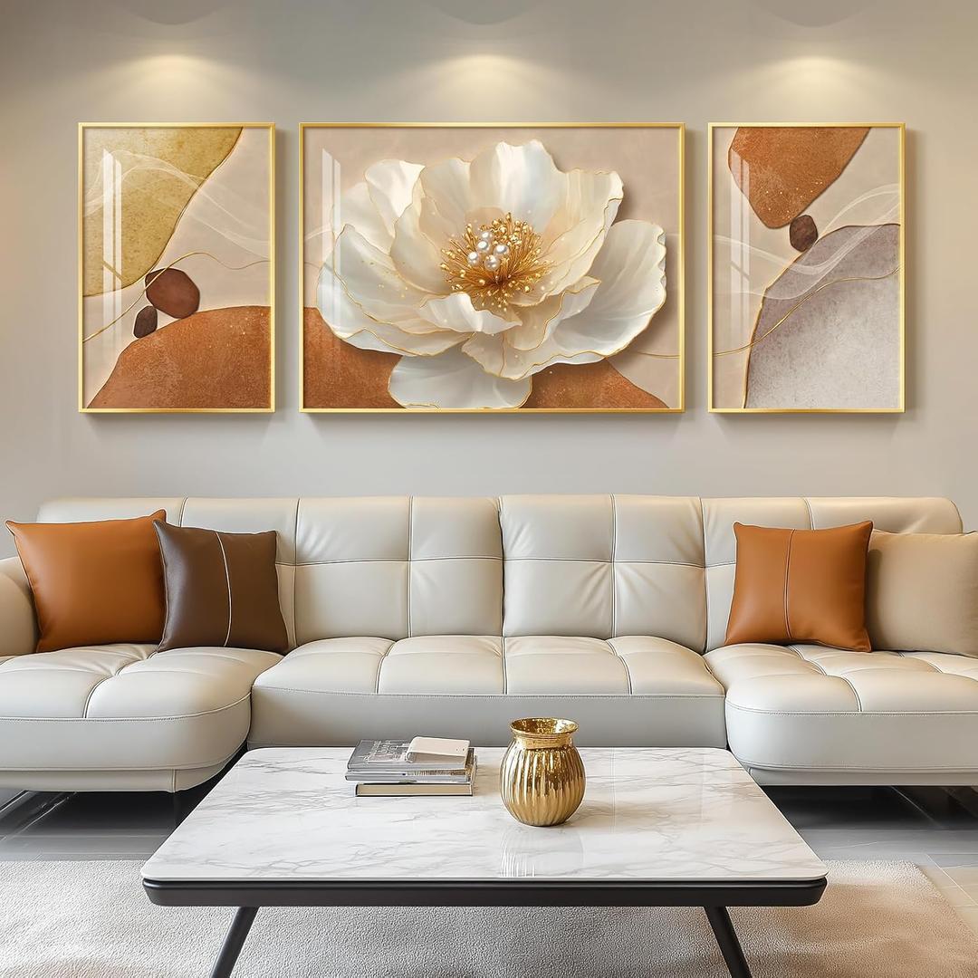 Extra Large Framed Modern Elegant Gold Floral Wall Art for Living Room, 3 Piece Bright Style Art Prints Paintings Artwork for Walls, Gold Frame Luxury Pictures for Hallway Stair Office Wall Decor
