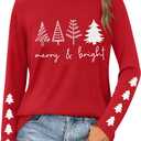 Christmas Shirts for Women Merry and Bright Long Sleeve T-Shirt Crew Neck Xmas Holiday Tee Tops (Large, Red)