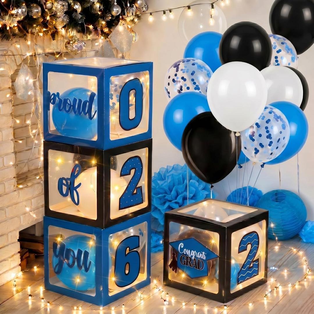 Jerify 44 PCS Graduation 2026 Box Decorations with Balloon & LED Light Strings - Congrats Grad Proud of You Balloon Boxes Party Supplies for Class of 2026 School College Decor(Blue)