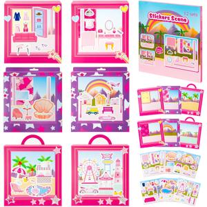 AgincBerry Pink Princess Sticker Scene - 12 Set Princess House Scene Sticker Art Craft for Girls DIY Doll Dress Up Stickers Scene with Cosmetic Mirror Make Your Own Dress Up Stickers DIY Party Games
