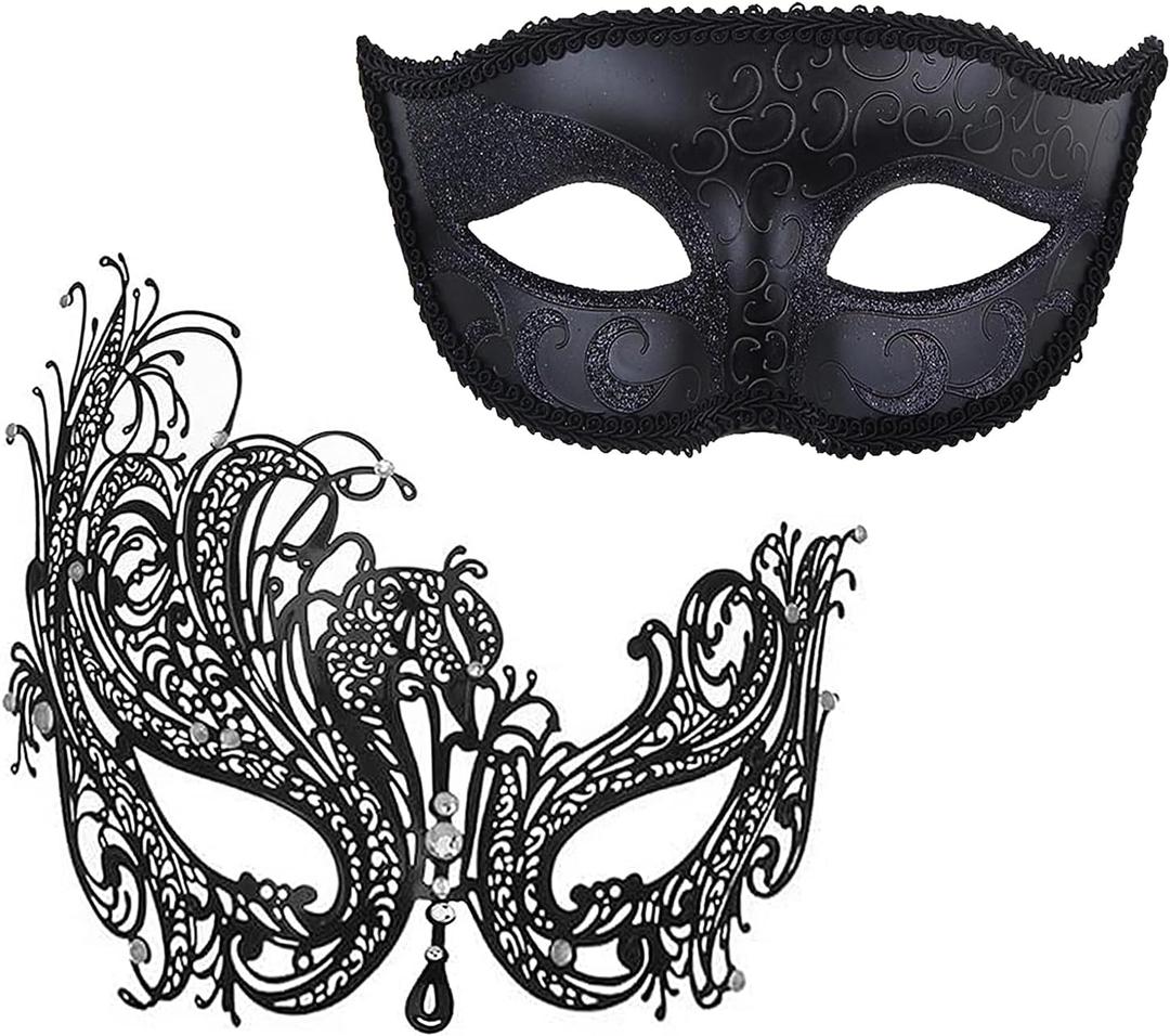 Couple Masquerade Mask for Women Men Venetian Mask Metal Shiny Halloween Mask for Costume Party (Black Phoenix Set)