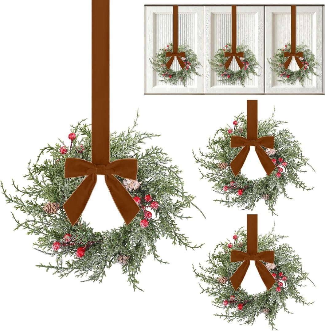 Aneco 6 Pcs 9.8" Small Christmas Norfolk Wreaths Decorations Mini Christmas Kitchen Cabinet Wreaths with Brown Velvet Bow Artificial Hanging Garlands for Door Window Room Farmhouse Xmas Party Decor