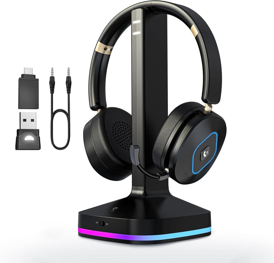Earbay Wireless Headset with Mic for Work, AI ENC Noise Cancelling for MeetingMute, Wireless Headphones RGB Charge for Remote/Office, Bluetooth 6.0 2.4G Dongle Headset for PC, Phone, Teams, Zoom