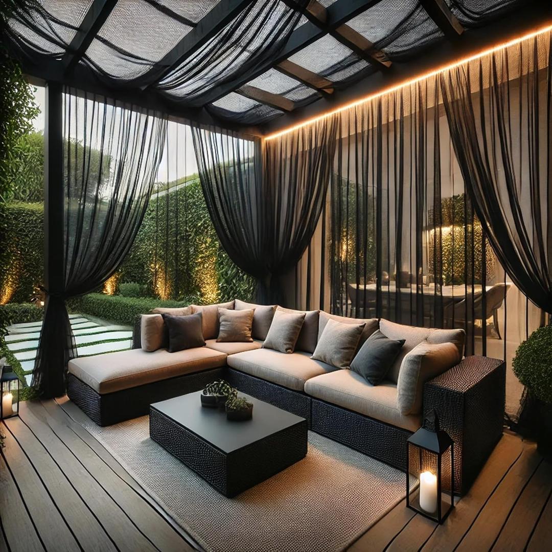 Draphelle 10 x 10 Outdoor Black Tulle Backdrop Curtains Waterproof Voile Sheer Screen Breathable Mash Netting Light Filtering Privacy Curtains for Patio Porch Yard Pergola Gazebo, 2 Panels