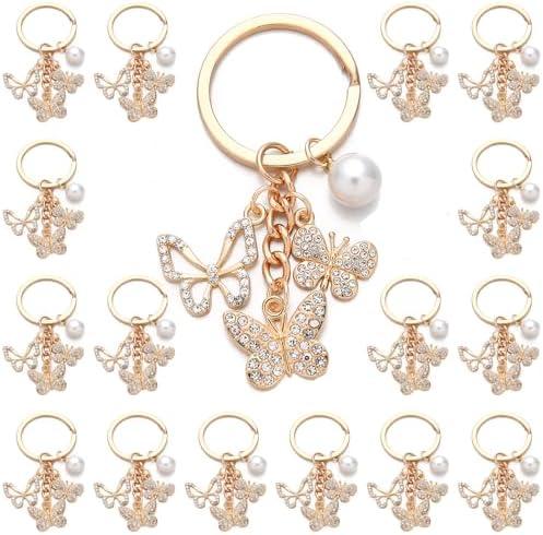 PHAETON 20PCS Crystal Butterfly Keychain Butterfly Shape Key Chain with Pearl Charms for Backpacks, Purses, Luggage, Birthday Gift, Goodie Bag Fillers for Women