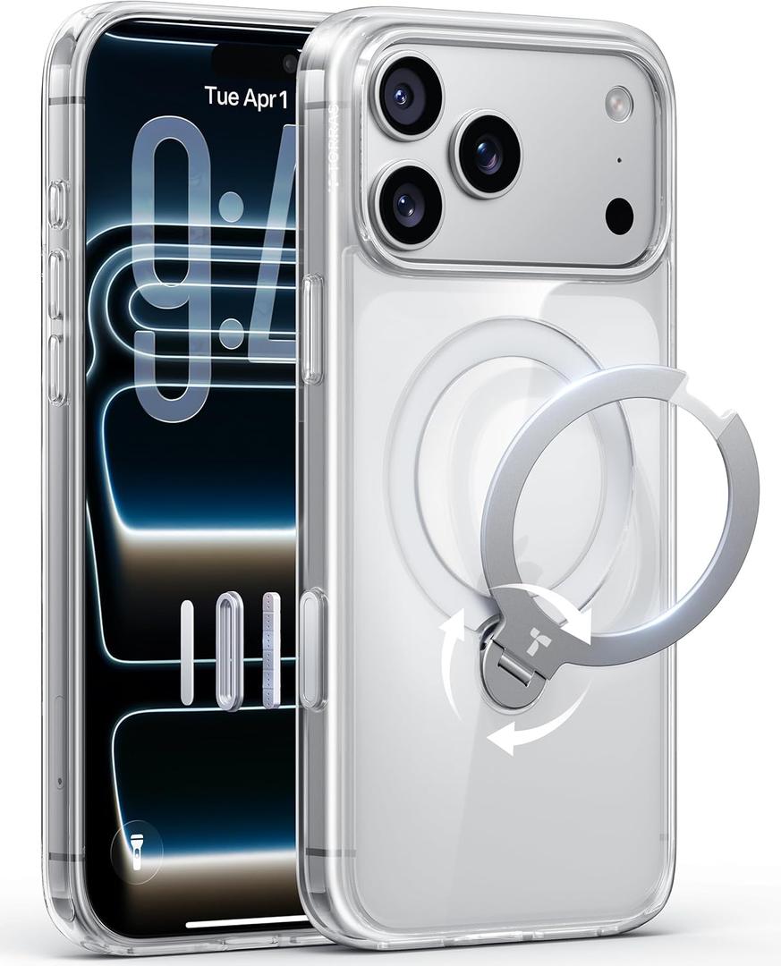 TORRAS 360 Magnetic Stand for iPhone 17 Pro Max Case, Fit for MagSafe, Non-Yellowing Clear Case for iPhone 17 Pro Max Phone Case with Kickstand & Camera Control, Hard PC Protection, Q3 Spin