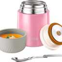 FEWOO Food Jar - 20oz Vacuum Insulated Soup Container, Stainless Steel Lunch Box for Kids Adult, with Folding Spoon for Hot or Cold Food (Pink)